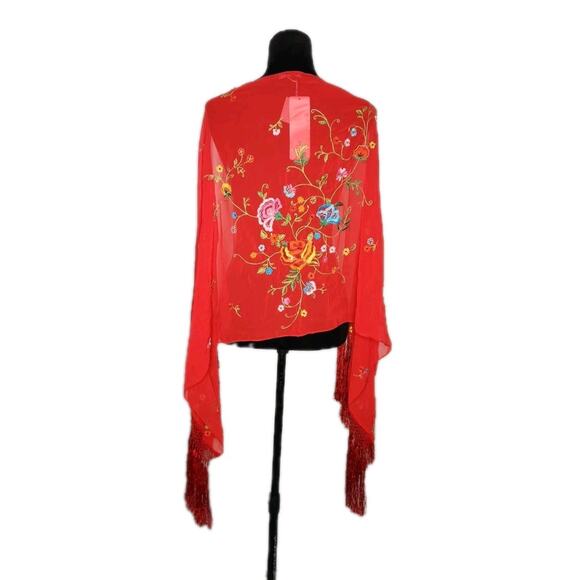 NWt Since Beach Culture Vintage Red Floral Embroidered Beaded Shawl Scarf Fringe - Picture 1 of 6